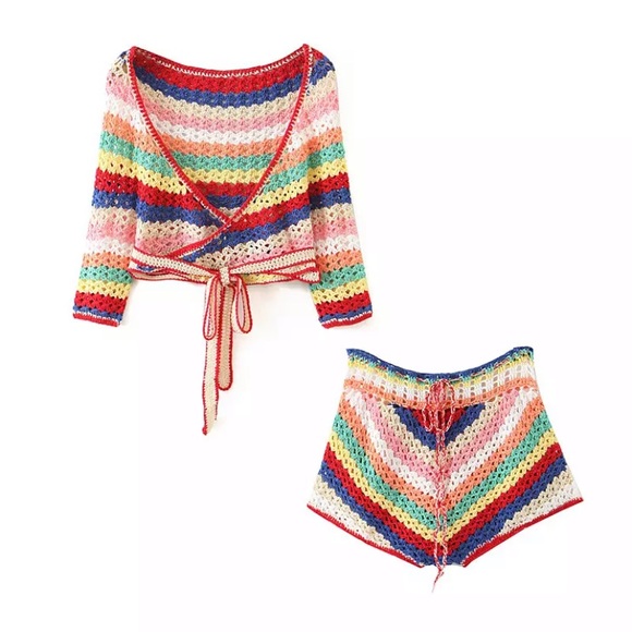 Boho Rainbow Crochet Cropped Top & Shorts Set - Picture 8 of 13